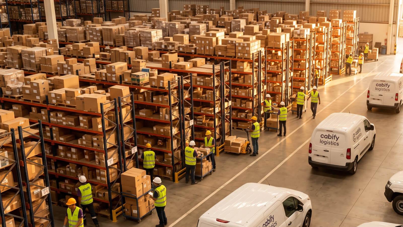 Centro de distribución con flota de vehículos organizando las entregas de la tarde