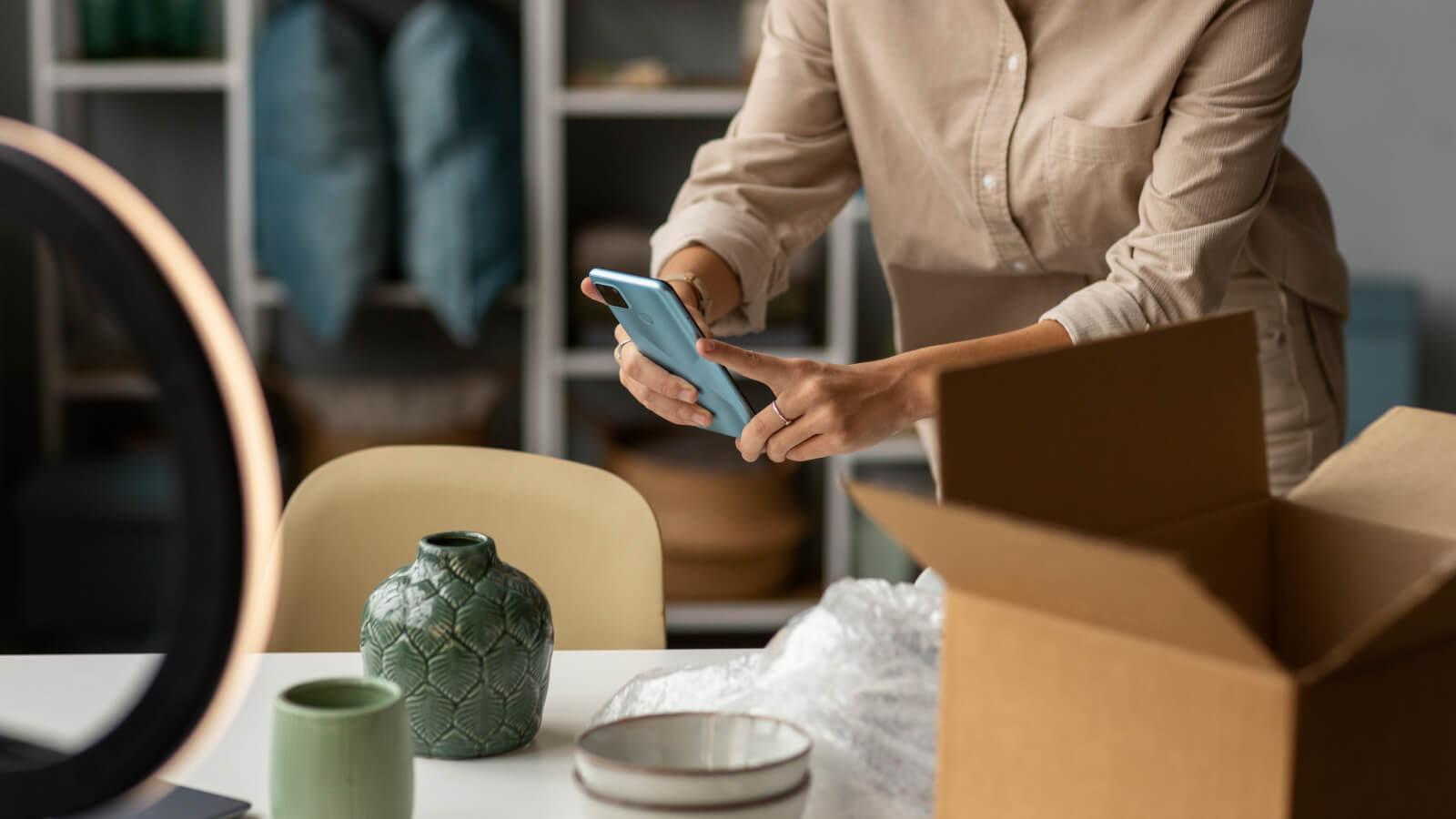 Persona tomando fotos de sus productos para cargar en el catálogo de su ecommerce