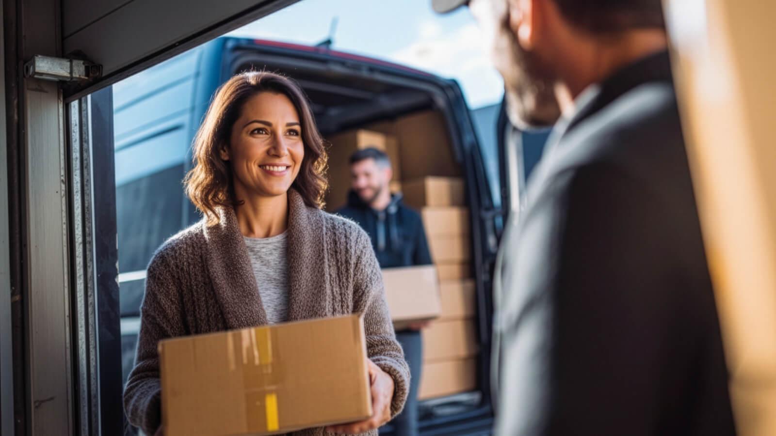 Una mujer dueña de un ecommerce controlando la carga de su stock, mientras la entrega al repartidor de Cabify Logistics