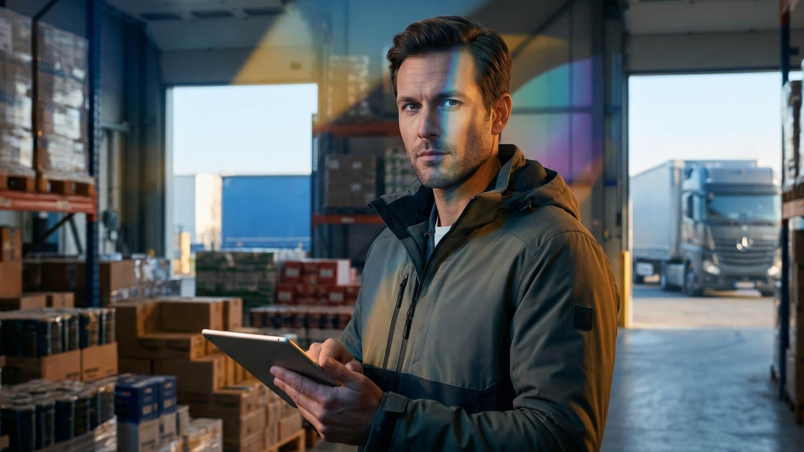 Hombre operario de logística revisando en una tablet resultados de envíos para cargar en dashboard