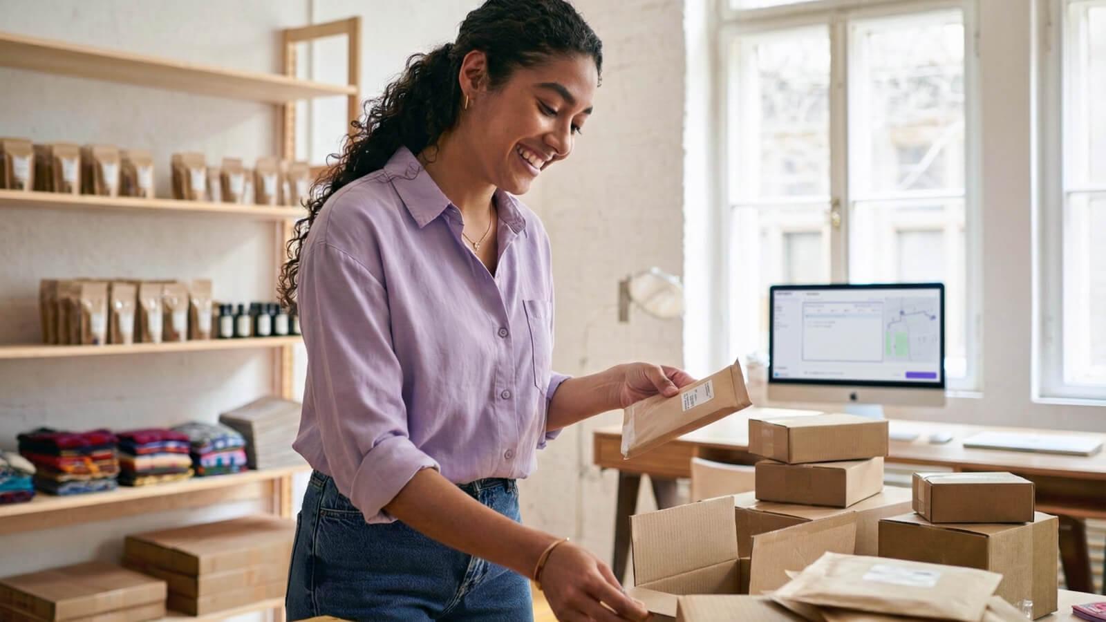 Mujer cargando pedidos en el sistema de Cabify Logistics para armar el ruteo de forma inteligente