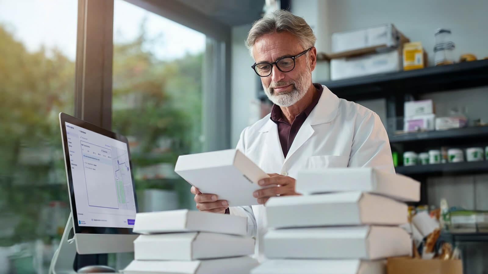Farmacéutico revisando pedidos para ser enviados a sus pacientes