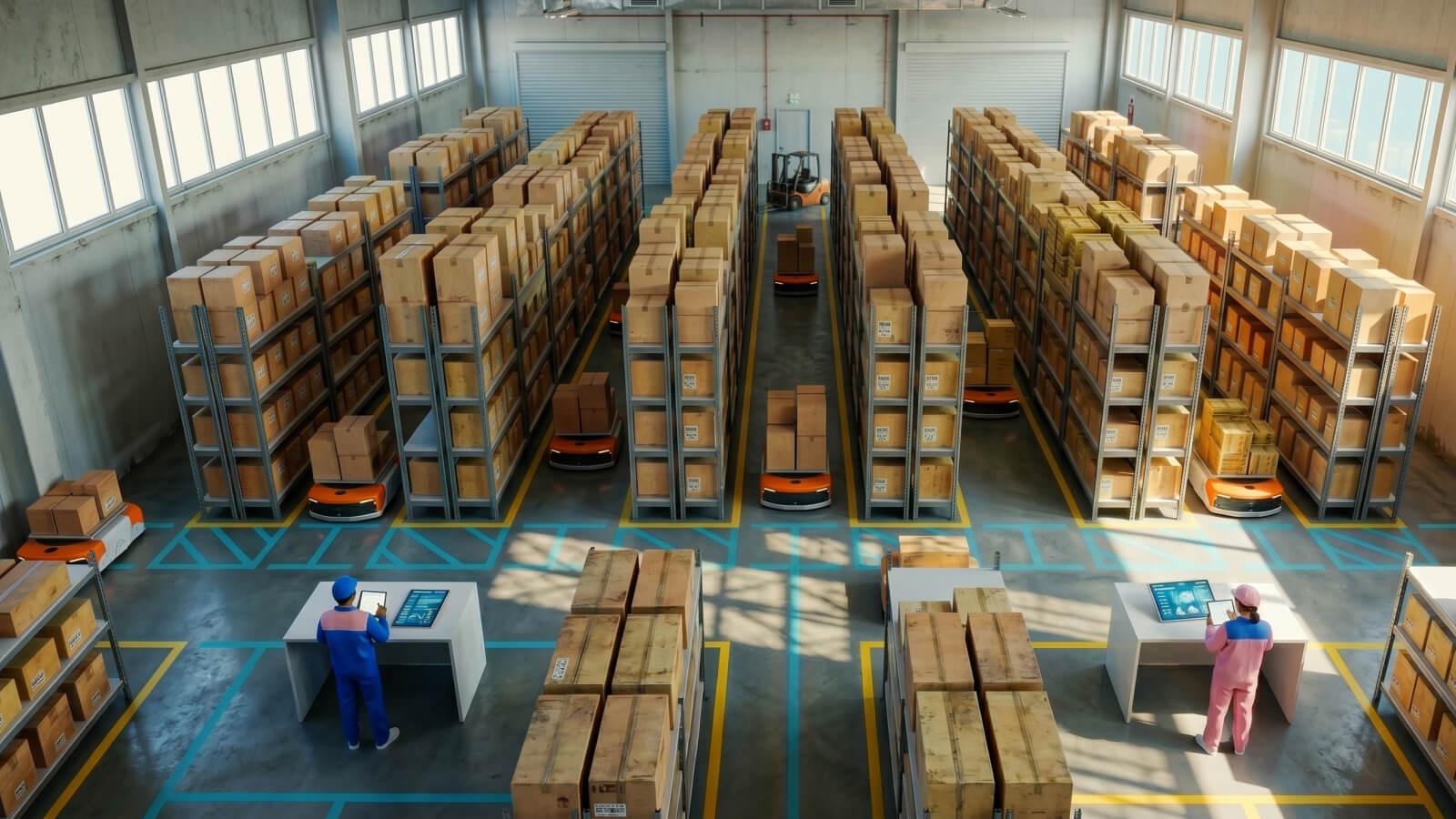 Gráfico de un depósito con operadores controlando la distribución