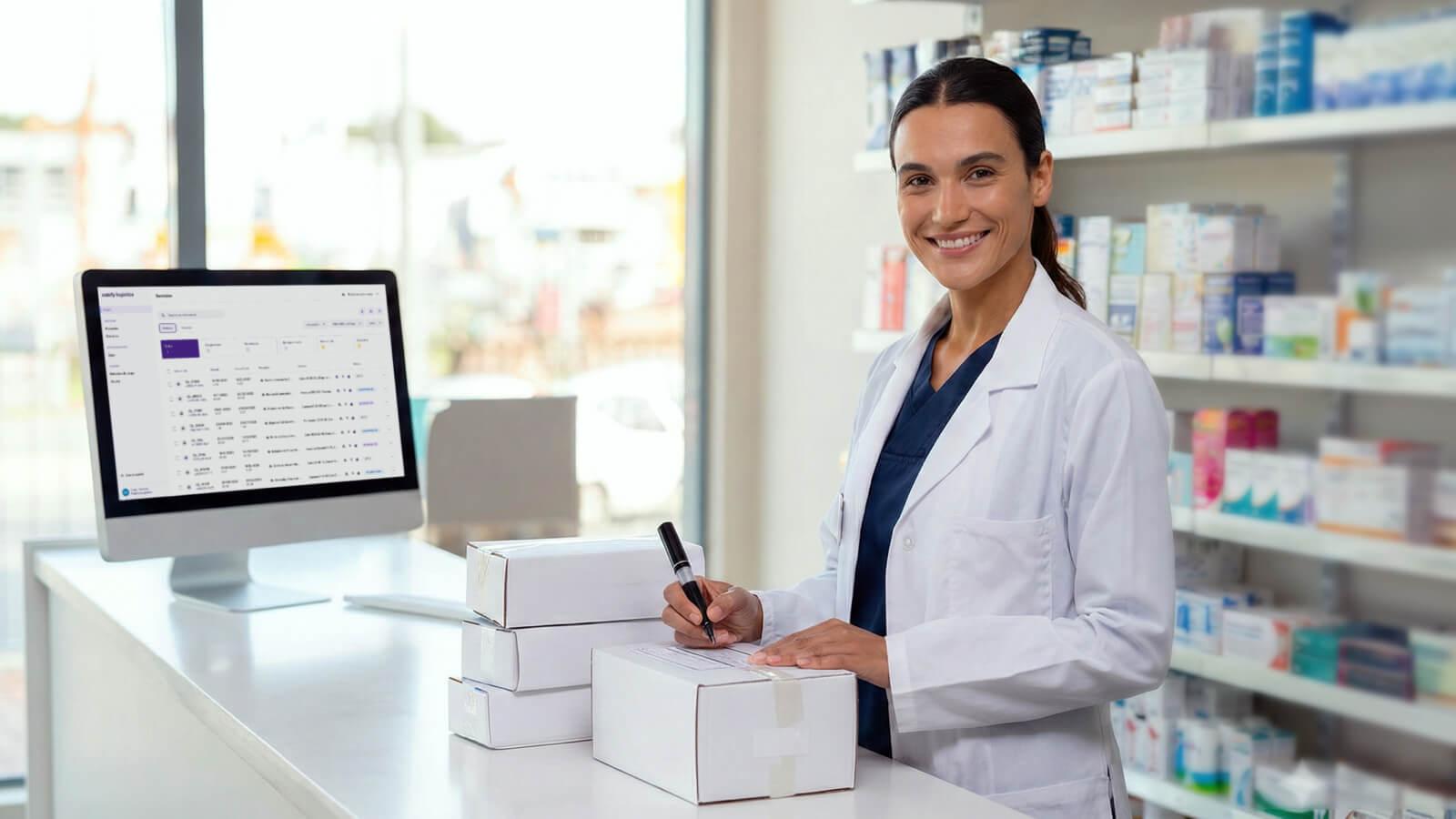 Gerente de operaciones de farmacéutica controlando los envíos y mercadería con su partner logístico
