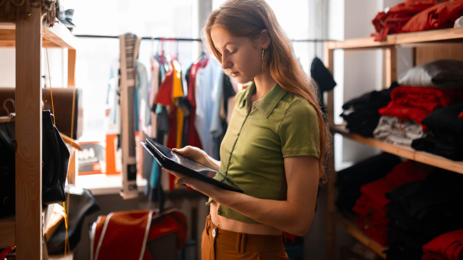 Dueña de local de ropa con una tablet en la mano analizando stock