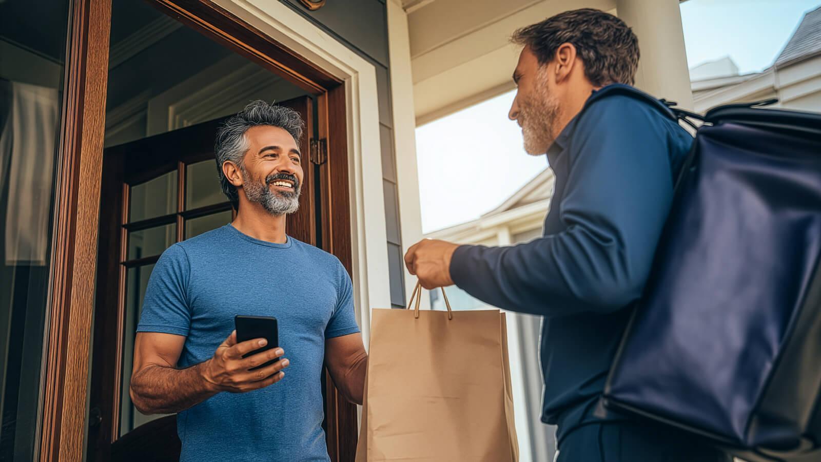 Un hombre recibiendo una entrega de Cabify Logistics en tiempo correcto